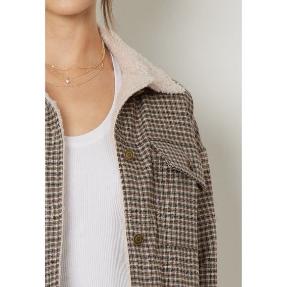 107-3 Entro Micro Plaid Print Button Front Jacket with Sherpa Lining - Picture 7 of 9